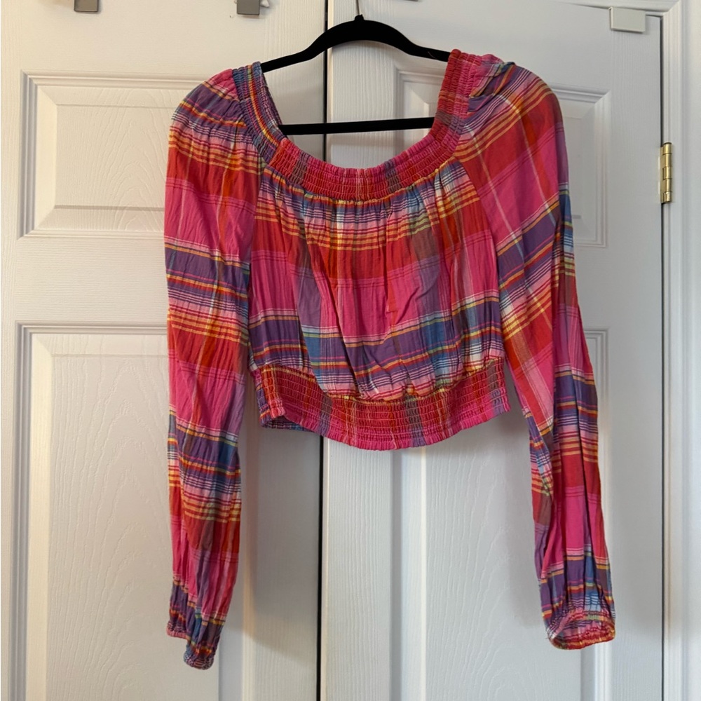 Sanctuary Colorful Plaid Off-Shoulder Blouse